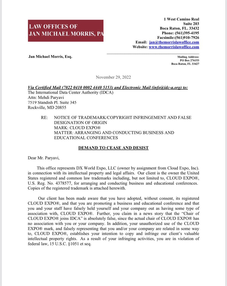 BigDataExpo's tweet photo. DX WORLD EXPO LLC asks GoDaddy to suspend/remove “International Data Center Authority (IDCA)” domain https://t.co/06935d6Cs7 operated by Mehdi Paryavi for false advertising and infringement of intellectual property https://t.co/7EZggVV5l9