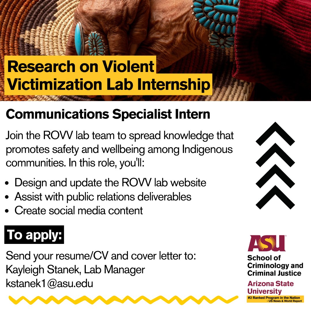 Build your resume and create great connections! <a href="/ASU_ROVV/">ASU Research on Violent Victimization Lab</a> is accepting applications for a communications intern. This position is open for independent study or internship hours. Contact Kayleigh Stanek at kstanek1@asu.edu or learn more about the lab here: ccj.asu.edu