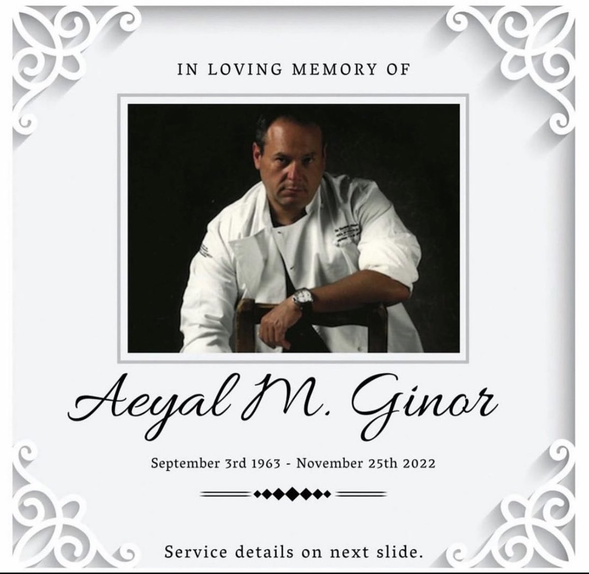 acflichefs's tweet photo. We are saddened to announce the passing of Aeyal Michael Ginor, chef, entrepreneur, husband, father, mentor and friend. Michael was a true visionary and his legacy will live on through his family and colleagues. 

Services will be held 11/30/2022. May his memory be a blessing. https://t.co/pnRKBaoQ2H