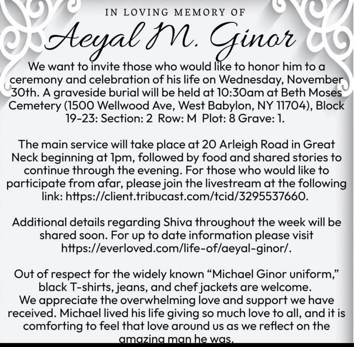 acflichefs's tweet photo. We are saddened to announce the passing of Aeyal Michael Ginor, chef, entrepreneur, husband, father, mentor and friend. Michael was a true visionary and his legacy will live on through his family and colleagues. 

Services will be held 11/30/2022. May his memory be a blessing. https://t.co/pnRKBaoQ2H