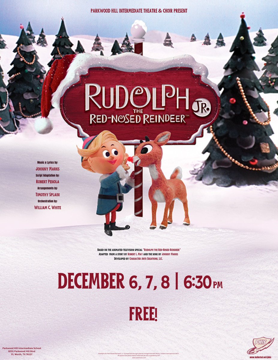 .<a href="/PHISTheatre/">Central Stage Theatre at Parkwood Hill</a> proudly presents Rudolph the Red-Nosed Reindeer Jr.! 🎄

Join us for one of 3 shows next Tuesday, Wednesday, or Thursday at 6:30 p.m.  It’s a perfect way to get into the holiday spirit!

#ChargerNation