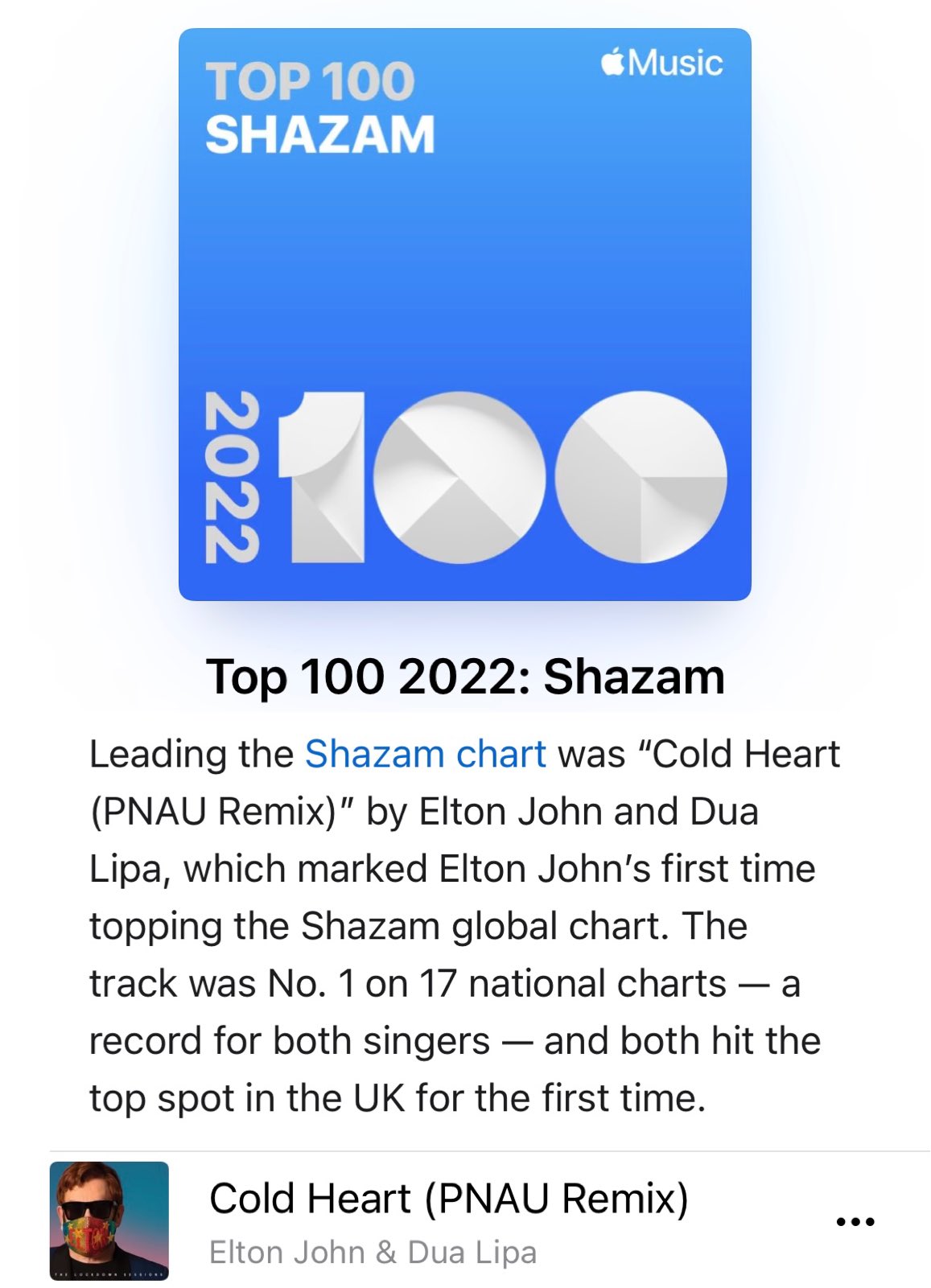 Emigrere have tillid forklare Dua Lipa News (Fan Account) on Twitter: "“Cold Heart (@PNAU Remix)” by  Elton John and Dua Lipa ranks at #1 on the Top 100 Shazam Songs of 2022  Chart! — It reached