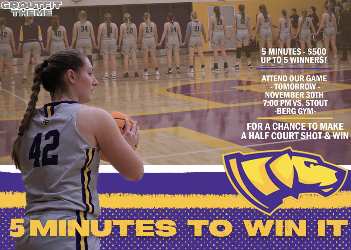 UWSPWBB's tweet photo. 2️⃣4️⃣ Hours &amp; 1️⃣ Sleep 😴 Until…

📍@UWStevensPoint Berg Gym
⏰ 7:00pm 
🆚 UW Stout
Theme: ⬜️ GROUTFIT⬜️ 

Promotion: 5️⃣ Minutes to Win It 💵 
Sink a half court shot 🏀 on Shirley Egner court at half time &amp; win up to $5️⃣0️⃣0️⃣.0️⃣0️⃣ 💰💰💰💰💰 

🟣 #Pointers 🟡 https://t.co/kUhXc3pute