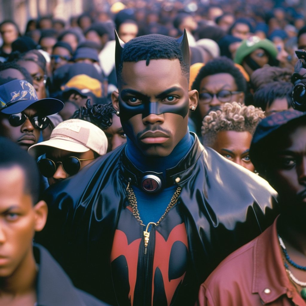 DevMoore's tweet photo. AI generated images of a black cyberpunk Batman in Gotham. https://t.co/7hL7lHo2Px