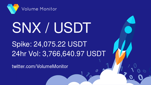 VolumeMonitor's tweet image. $SNX / USDT Volume increase detected!

Spike: 24,075.22 USDT
24h Vol: 3,766,640.97 USDT

Get ALL the alerts here: volumemonitor.com/#signup

#crypto #bitcoin #binance #altcoins #hodl #defi #trading #freedom #blockchain $btc $icx $eth $etc $rep $xrp $ont $neo $eos $ada $ltc