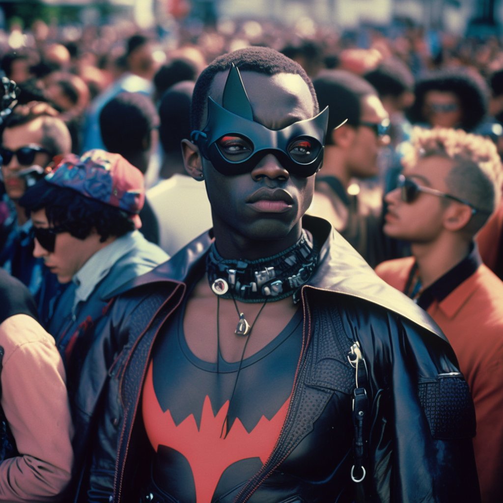 DevMoore's tweet photo. AI generated images of a black cyberpunk Batman in Gotham. https://t.co/7hL7lHo2Px