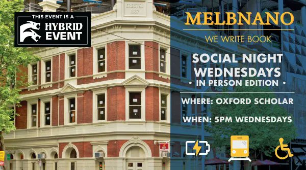 melbnonono's tweet photo. It's MelbNano's Wednesday Social Night!

If you feel like the pointy end of November deserves a stiff drink with like-minded folks, head to the Oxford Scholar from 5:30PM. Your host Nat will be minding the reserved Nanowrimo booth. 18+ only.

(virtual options posted separately) https://t.co/G05e9xIGeB
