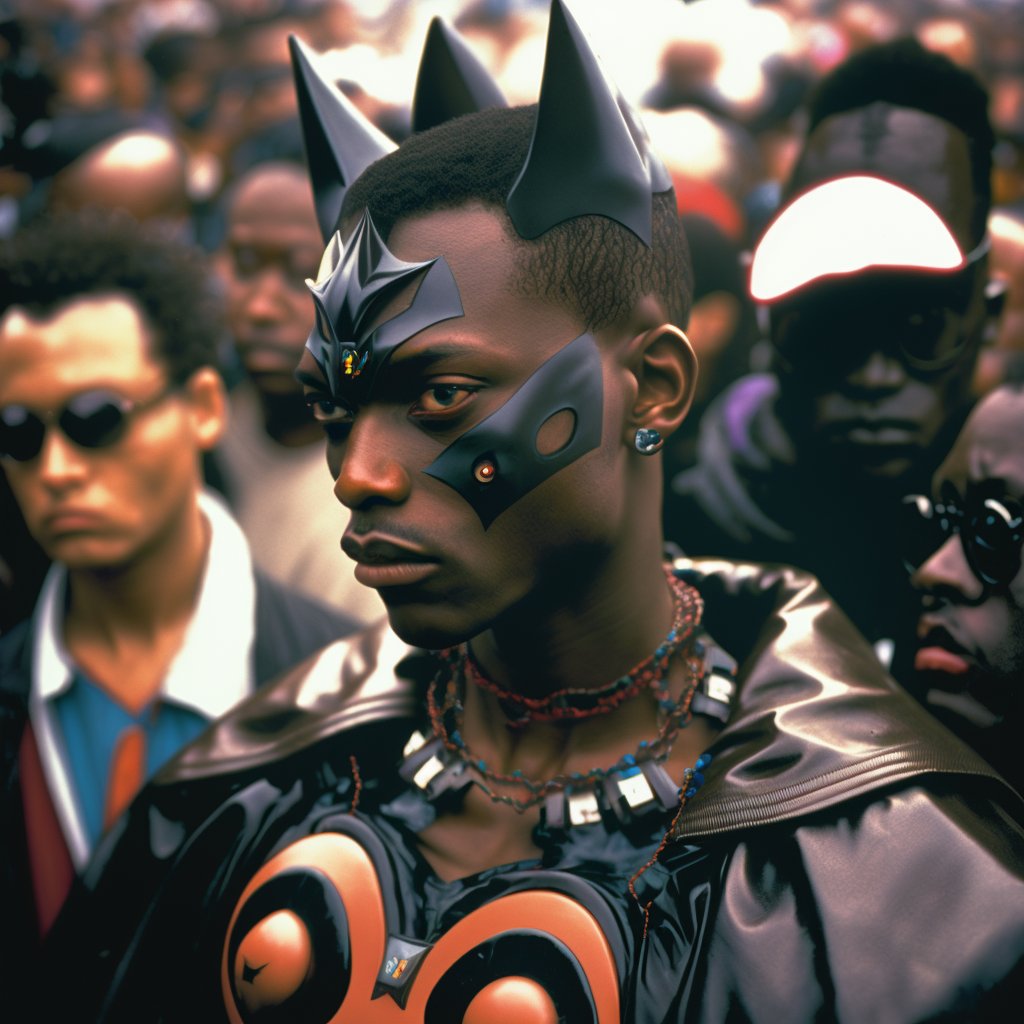 DevMoore's tweet photo. AI generated images of a black cyberpunk Batman in Gotham. https://t.co/7hL7lHo2Px