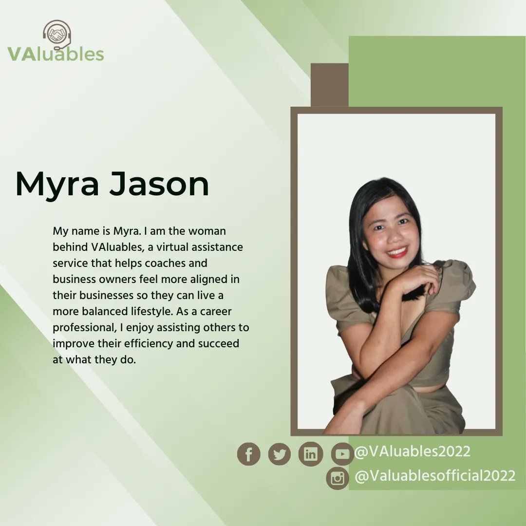 VAluables2022's tweet photo. ๐๐ข ๐ญ๐ก๐๐ซ๐!๐ , My name is Myra. I am the woman behind VAluables, a virtual assistance service that helps coaches and business owners feel more aligned in their businesses so they can live a more balanced lifestyle.
#VAluablesByMyra #VAluableAssistant #virtualassistantph https://t.co/rU5kbbsXpX