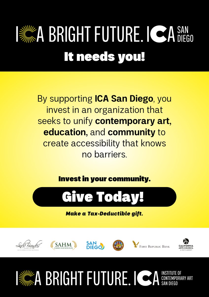 icasandiego (@icasandiego) on Twitter photo ๐๐๐ ๐๐ฟ๐ถ๐ด๐ต๐ ๐๐๐๐๐ฟ๐ฒ โจ๐๐ ๐ป๐ฒ๐ฒ๐ฑ๐ ๐๐ผ๐.
ICA seeks to unify contemporary art, education & community through accessibility that knows no barriers. Exhibitions & programs for everyone are made possible by you! #GivingTuesday Give today: bit.ly/3VbhWYV ๐๐๐ ๐๐ฟ๐ถ๐ด๐ต๐ ๐๐๐๐๐ฟ๐ฒ โจ๐๐ ๐ป๐ฒ๐ฒ๐ฑ๐ ๐๐ผ๐.
ICA seeks to unify contemporary art, education & community through accessibility that knows no barriers. Exhibitions & programs for everyone are made possible by you! #GivingTuesday Give today: bit.ly/3VbhWYV