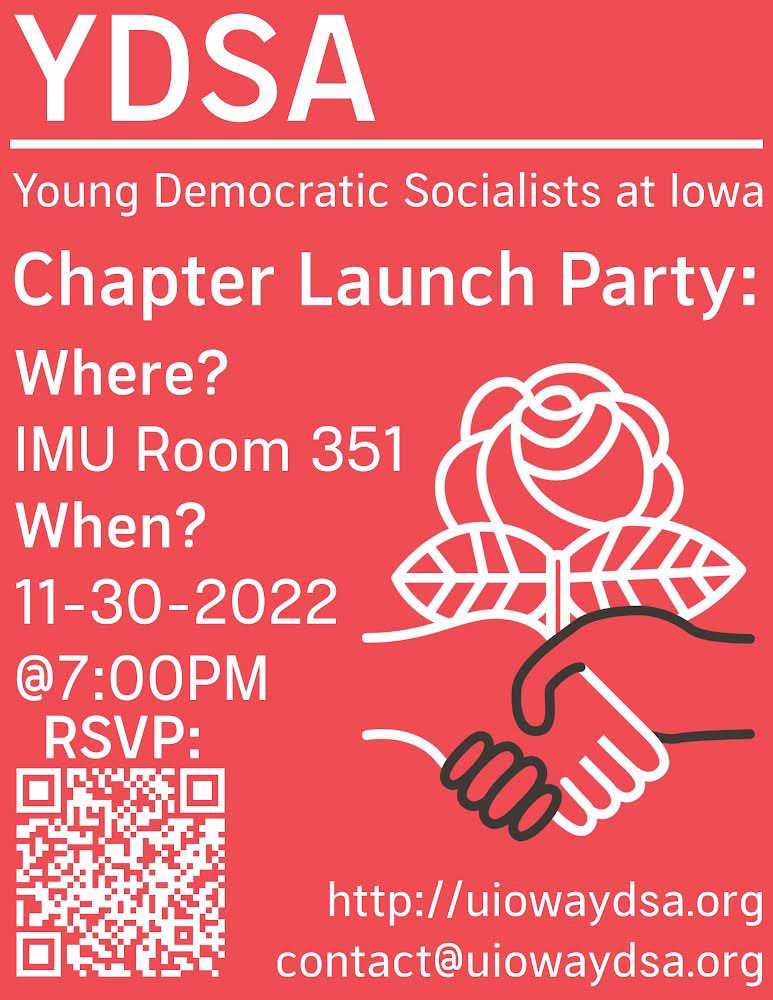 cogsunion's tweet photo. UIowa’s own YDSA chapter launches tomorrow! (After our gmm 😉) see you there! @iowaydsa https://t.co/TBOec15FfS