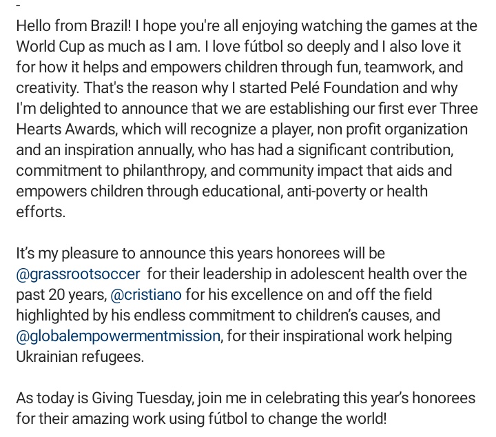 CristianoXtra_'s tweet photo. ❗️

OFFICIAL:

Cristiano won the Três Corações award from the Pele Foundation for his contribution to charitable causes and impact on society through supporting and empowering children and for educational, health and social efforts in the last 20 years.

[Via Instagram PELE] https://t.co/YDUagEUMnh