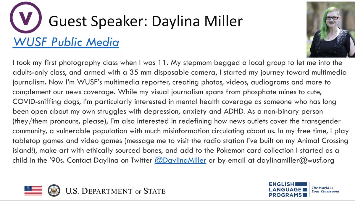 andrealypka's tweet photo. This week, we welcome our guest speaker, @DaylinaMiller from @wusf. In #Virtual English for #Journalism training, Daylina will speak about Writing for the Radio. What a great collaboration and professional development for journalists in #GuineaBissau #VirtualEducator @ELPrograms https://t.co/EJOH4vgIOk