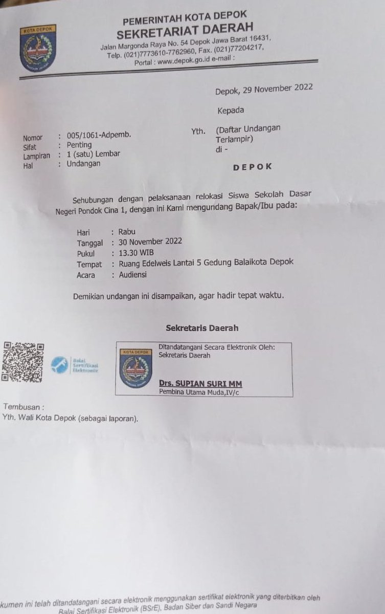 sigitwid's tweet photo. Sekda Kota Depok mengundang audiensi untuk relokasi siswa-siswa SDN Pondok Cina 1 tapi orangtua murid ada di nomor terakhir undangan.

Di atasnya diundang belasan instansi.

Ini mau audiensi atau intimidasi orangtua murid?

@Kemdikbud_RI
@KPAI_official
@ridwankamil https://t.co/P7KByLE13z