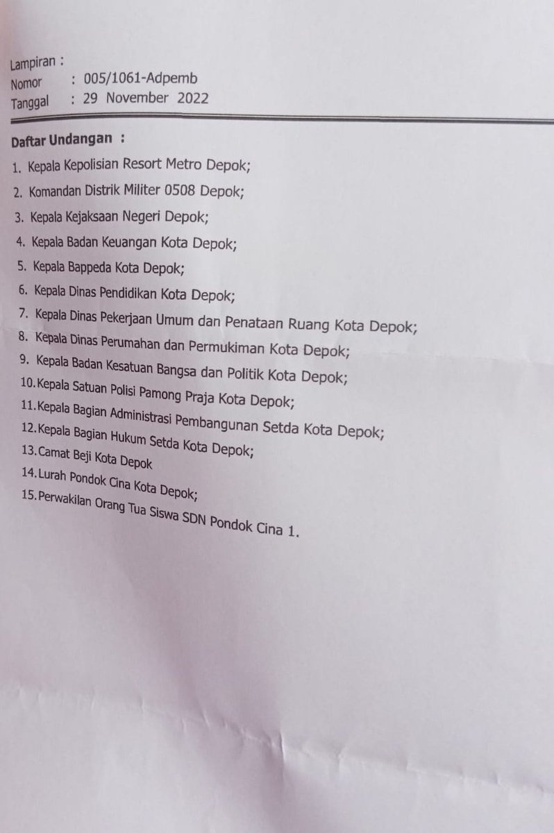 sigitwid's tweet photo. Sekda Kota Depok mengundang audiensi untuk relokasi siswa-siswa SDN Pondok Cina 1 tapi orangtua murid ada di nomor terakhir undangan.

Di atasnya diundang belasan instansi.

Ini mau audiensi atau intimidasi orangtua murid?

@Kemdikbud_RI
@KPAI_official
@ridwankamil https://t.co/P7KByLE13z