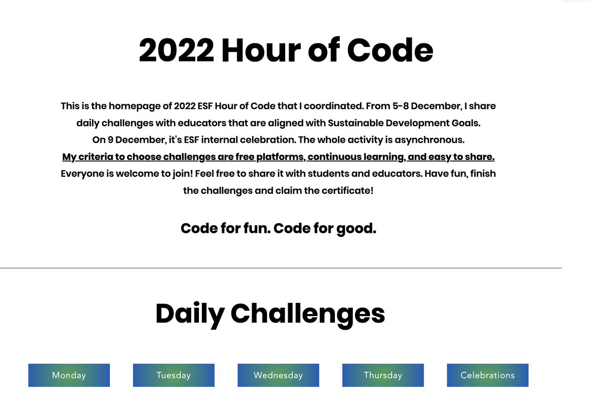 CoraEdTech's tweet image. If you&apos;re planning for #HourOfCode, this is the ready-to-go resource! Daily challenges that are aligned with #SDGs. All challenges are free, support continuous learning, and easy to share. Everyone is welcome to join! Code for fun, code for good! linktr.ee/CoraEdTech #edtech