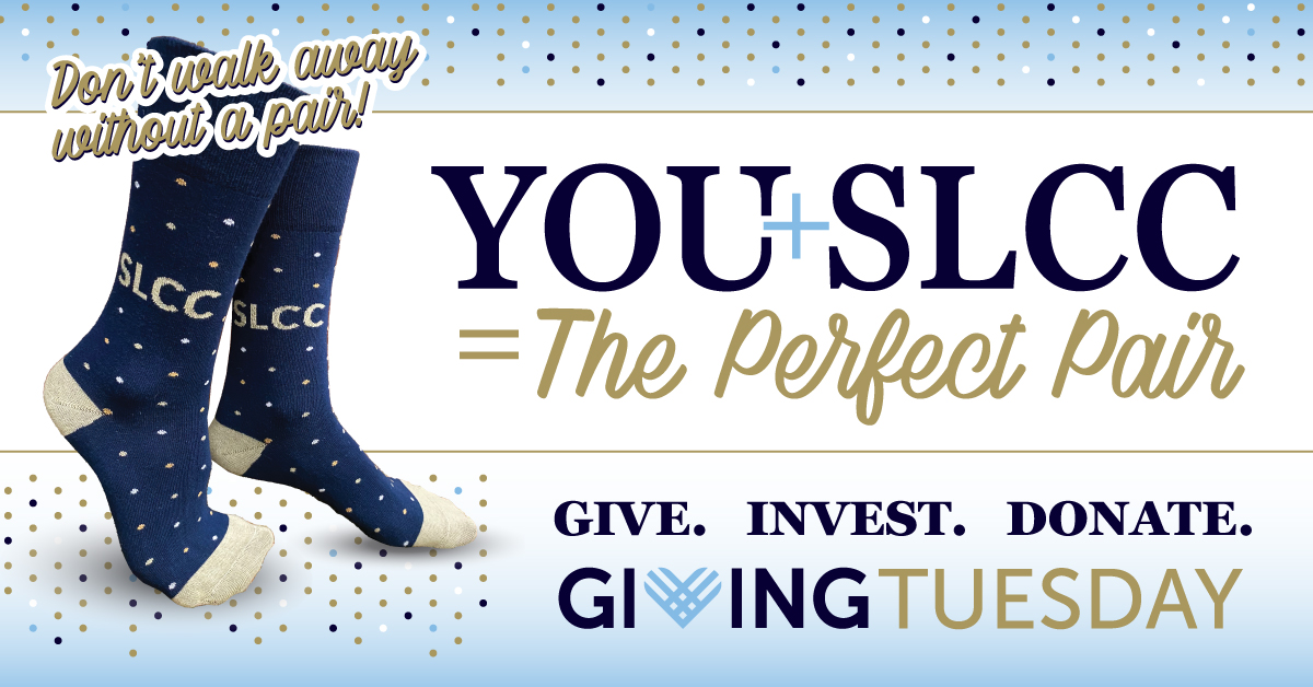 solaccofficial's tweet photo. Happy #GivingTuesday! This year, when you give to SLCC’s Annual Fund, we’ll send you a pair of limited edition SLCC-branded socks!  

🎁 Donate today at https://t.co/6im4FzipUm 

#GiveSLCC #CommunityIsInOurName https://t.co/mxxJL5mbc5
