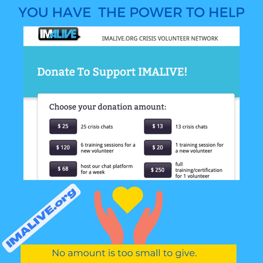 With your support, IMALIVE.org will continue to help as many people in crisis as possible. Can you help by donating today?
Donate Here: givebutter.com/IMALIVE2022
#GivingTuesday #Volunteer #Donate #Share #Support
