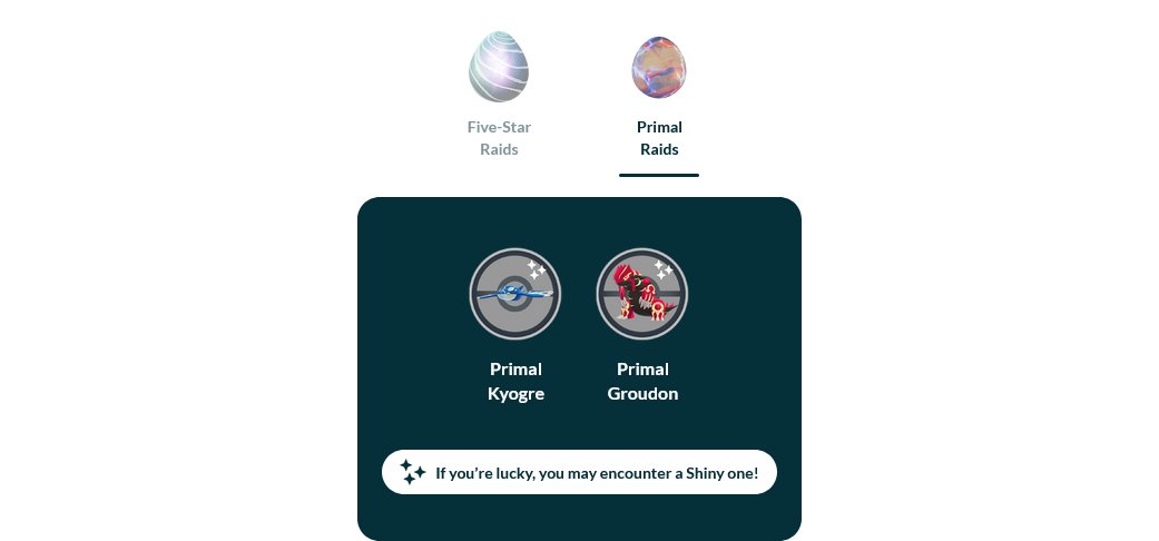 liftingandzombs's tweet photo. Oh wow! Pokemon Go just added shiny symbols for the Primal Raids for Groudon &amp; Kyogre, let's gooo! #PokemonGO https://t.co/Z8NQS4Ozhs