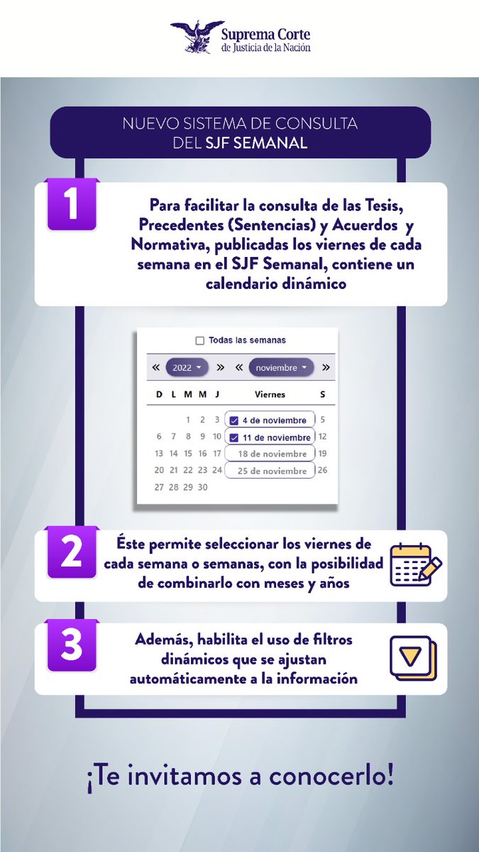 SCJN's tweet photo. El nuevo sistema de consulta del #SJFSemanal contiene un calendario dinámico que permite:

✅ Seleccionar los viernes de una o varias semanas
✅ Combinaciones entre meses y años
✅ Filtro dinámico para incrementar o disminuir el margen de tu consulta

¡Espéralo! https://t.co/5UGfWLbh0M