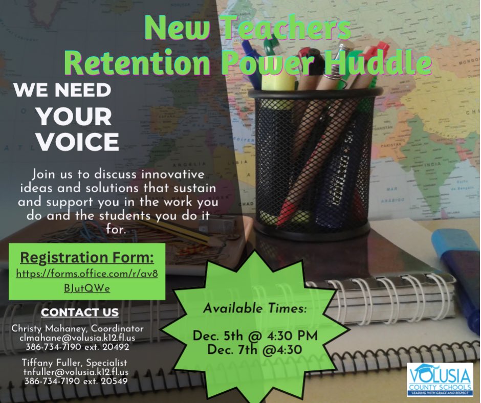 Volusia Recruits (@volusiarecruits) on Twitter photo 📣Calling all new VCS teachers!!! We can’t wait to hear about your new teacher experience & how we can best support your teacher journey in <a href="/volusiaschools/">Volusia County Schools</a> 🍎
Register for the next Power Huddle: forms.office.com/r/av8BJutQWe
#VCS123 #TeachingMatters 📣Calling all new VCS teachers!!! We can’t wait to hear about your new teacher experience & how we can best support your teacher journey in <a href="/volusiaschools/">Volusia County Schools</a> 🍎
Register for the next Power Huddle: forms.office.com/r/av8BJutQWe
#VCS123 #TeachingMatters