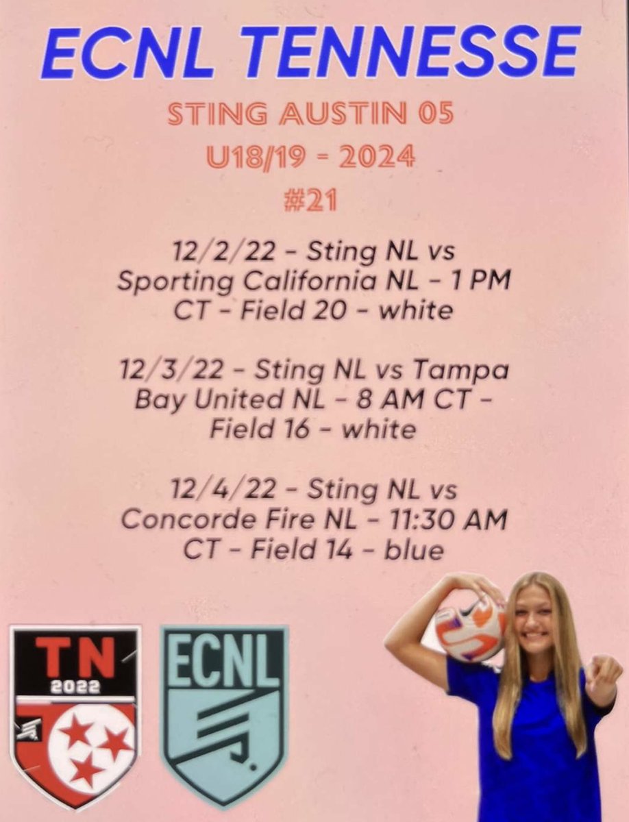 Avery Newman (@averyynewman) on Twitter photo THREE DAYS UNTIL #ECNLTN ‼️ Come watch @stingaustin05 at the game times below⚽️💙 <a href="/EcnlTexas/">ECNL Girls Texas Conference</a> <a href="/ECNLgirls/">ECNL Girls</a> THREE DAYS UNTIL #ECNLTN ‼️ Come watch @stingaustin05 at the game times below⚽️💙 <a href="/EcnlTexas/">ECNL Girls Texas Conference</a> <a href="/ECNLgirls/">ECNL Girls</a>