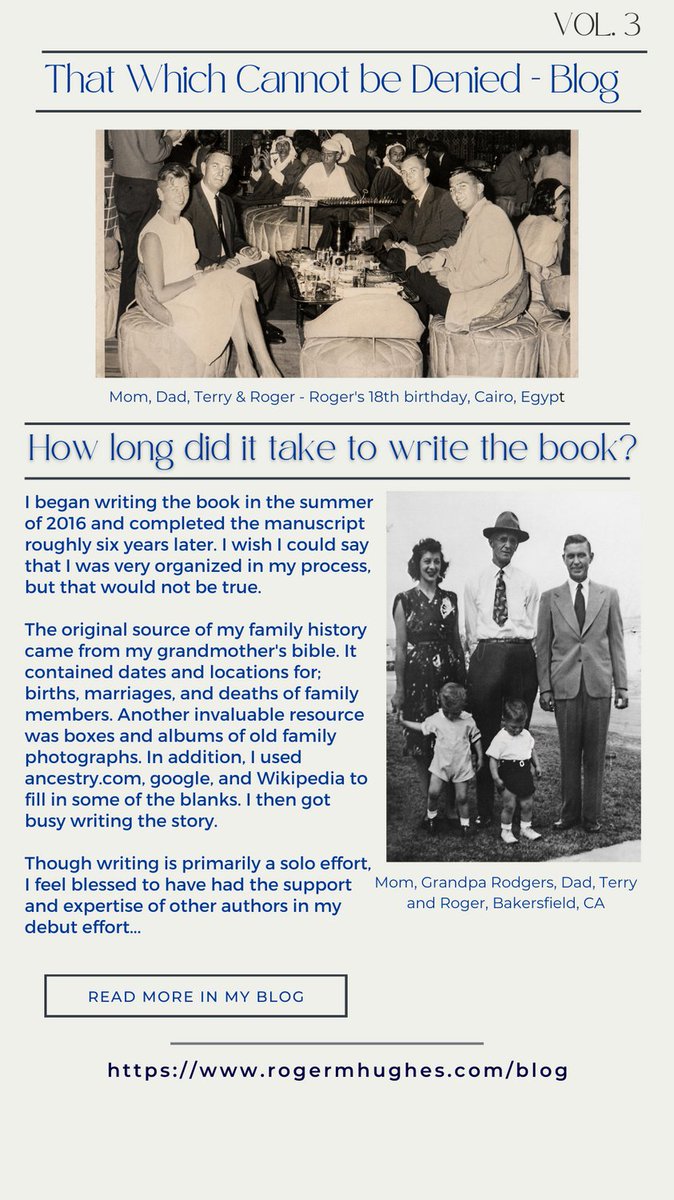 If you're interested in finding out how long it took me to write my book, please read my latest blog post at rogermhughes.com/blog. Stay tuned next week for more blog posts about my book and about my life.
#blog, #thatwhichcannotbedenied, #memoir, #author