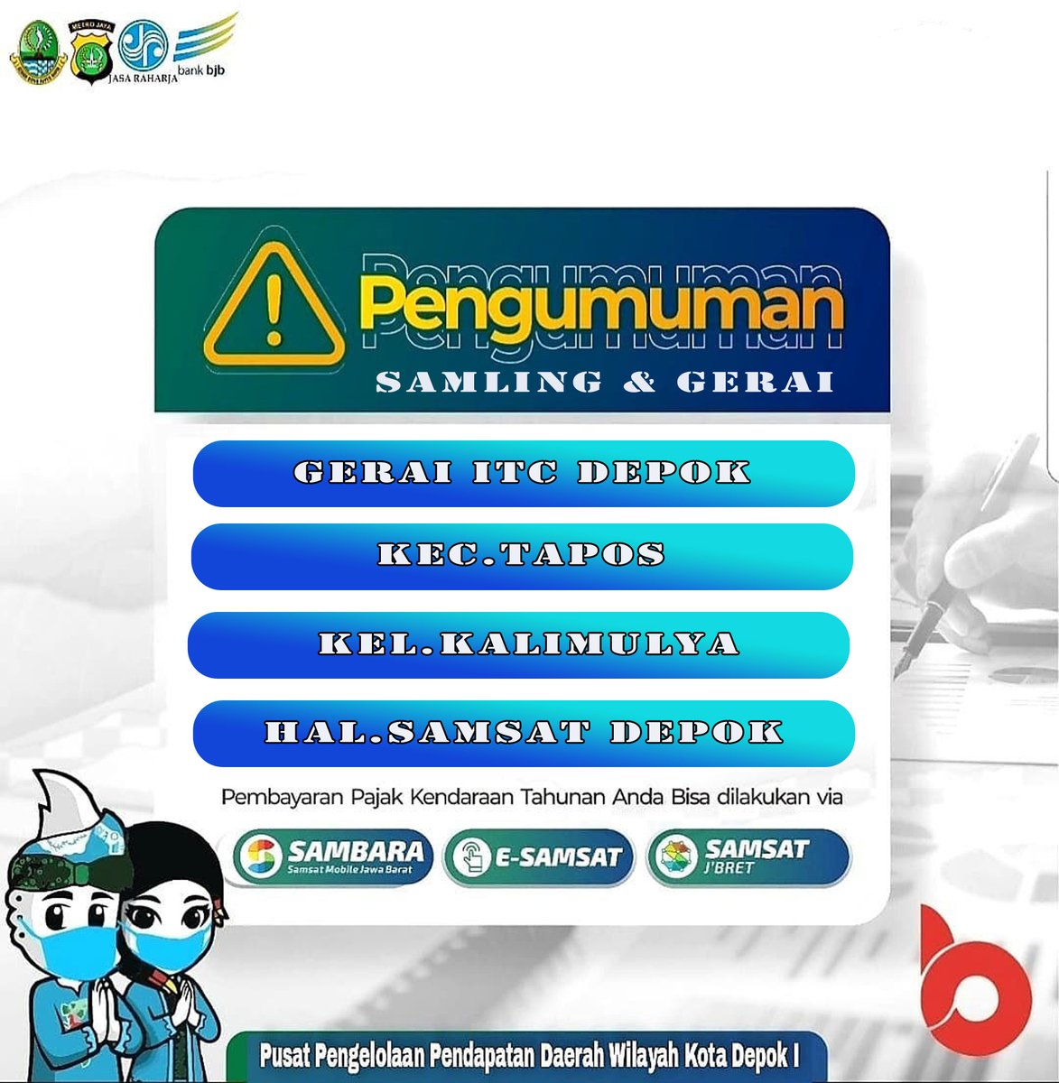SAMSATDEPOK2's tweet photo. Informasi Pelayanan Samling dan Gerai SAMSAT KOTA DEPOK
Rabu 30 Nov 2022
- Gerai ITC Depok
- Kec Tapos
- Kel Kalimulya
- Hal Samsat Kota Depok
Mengingat hari ini Akhir Bulan, Jam pelayanan SAMSAT KOTA DEPOK hanya sampai jam 11.00 WIB ya Guysss....
@stnkpoldametro 
@TMCPoldaMetro https://t.co/jNJy9ogHHu