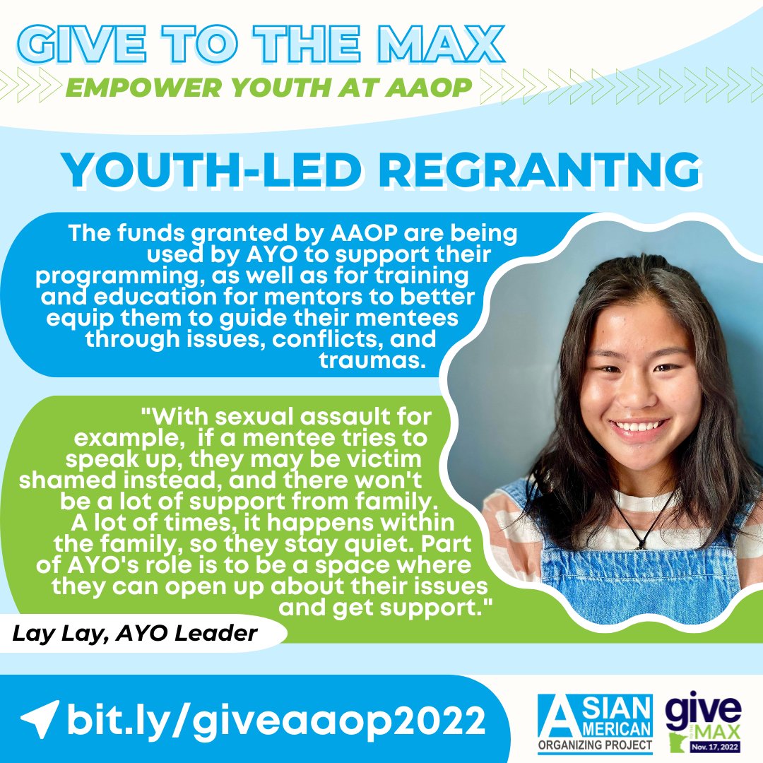 aaopmn's tweet photo. 💙💚#GiveToTheMax Day is over, but there's still a few days left to help us reach our goal!
Our youth-led #regranting program puts #power in the hands of #youth. Our current grantee, AYO, supports at-risk #Karen and #Karenni youth🌿
📌#Donate today at https://t.co/9yMLHxejfg! https://t.co/CKNC7qOmZB