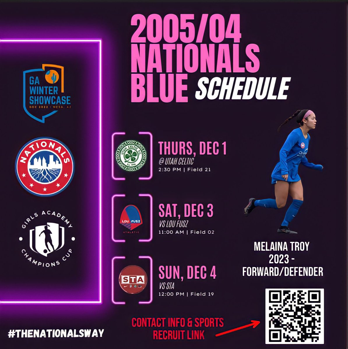 MelainaTroy's tweet photo. Looking forward to playing at the  @GAcademyLeague Champions Cup in Arizona! Check out my schedule below!
@NationalsGA @CoachDR7 @ImCollegeSoccer @Nationals05B https://t.co/zDD2QlEArZ