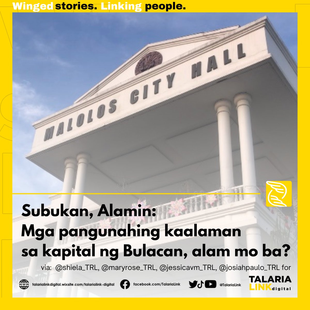 TalariaLink's tweet photo. Bilang kapital at sentro ng lalawigan ng Bulacan, maraming estudyante dito sa lungsod ng Malolos ang nagmula pa sa mga karatig-bayan. Alam kaya ng mga magaaral ang pangunahing kaalaman dito sa Malolos? Abangan. 

Aalamin yan ni @jessicavm_TRL at @shiela_TRL https://t.co/l3h5lBdRUR