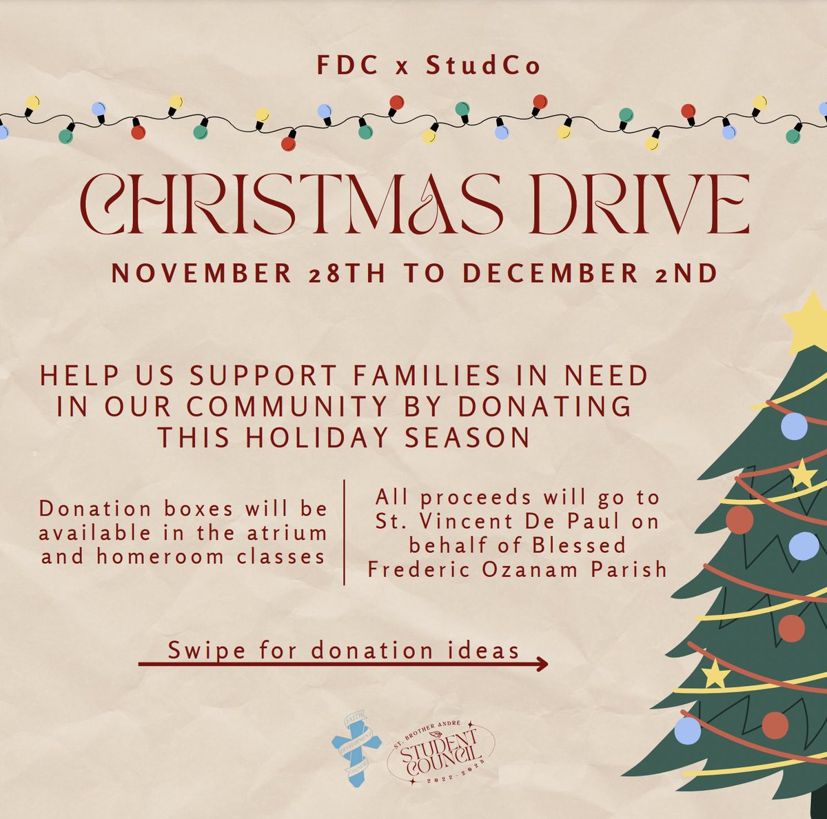 SBAFaithCouncil's tweet photo. FDC and Student Council are coming together to host a Christmas Drive! From November 28th to December 2nd bring in your donations to support families in need in our community. Donation boxes can be found in the atrium and homeroom classes. https://t.co/9OxY9iiXMw