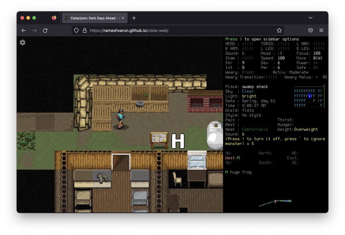 varunprime's tweet photo. I just released a port of the survival rogue-like Cataclysm: Dark Days Ahead to the browser using #Emscripten and #WASM. Check it out: https://t.co/JqUo4ooOFI https://t.co/aGzsAy0OHd