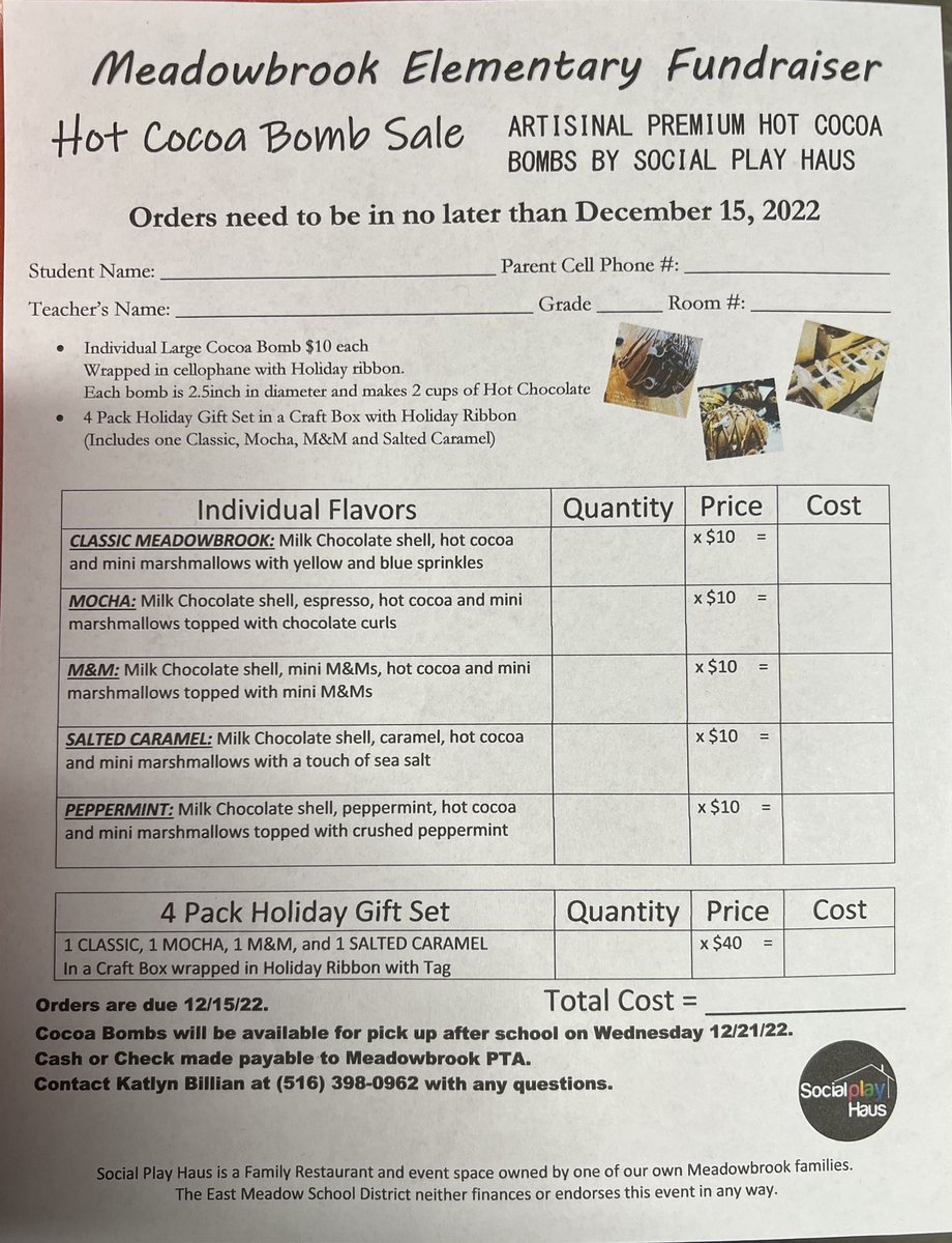 Hot Cocoa Bombs for sale!
Holidays are approaching

There is going to be a golden ticket in one lucky persons box who will win a set of 12 plus a free play at social play haus!
<a href="/meadowbrookem/">MeadowbrookSchoolEM</a>