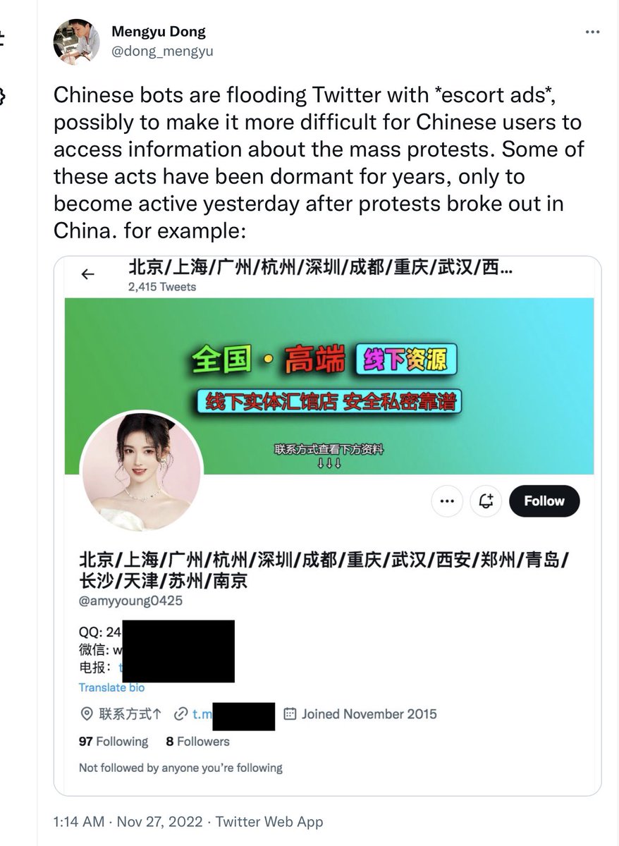 ltshijie's tweet photo. 这次中共为了掩盖抗议浪潮真相，采用了奇特水军：成千上万的色情、赌博账户故意充斥抗议事件热搜，阻止twitter搜寻中国发生的抗议事件。中共这次下三滥行动又被美国主流媒体逮住。世界第一大政党干这种脏事，还是难以置信。 https://t.co/NRYCRrrWXC