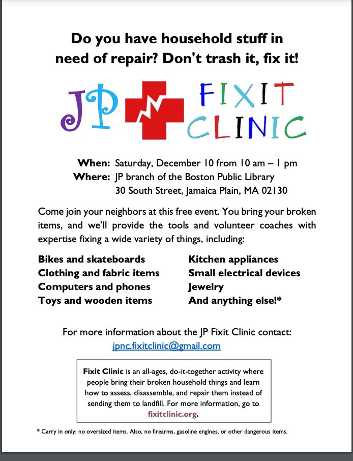MOF_Boston's tweet image. JP Fixit Clinic Is Back!
Saturday, Dec 10, 2022; 10 am to 1 pm
Jamaica Plain Library, 30 South St
Register (not required) at bit.ly/itemcheckin;