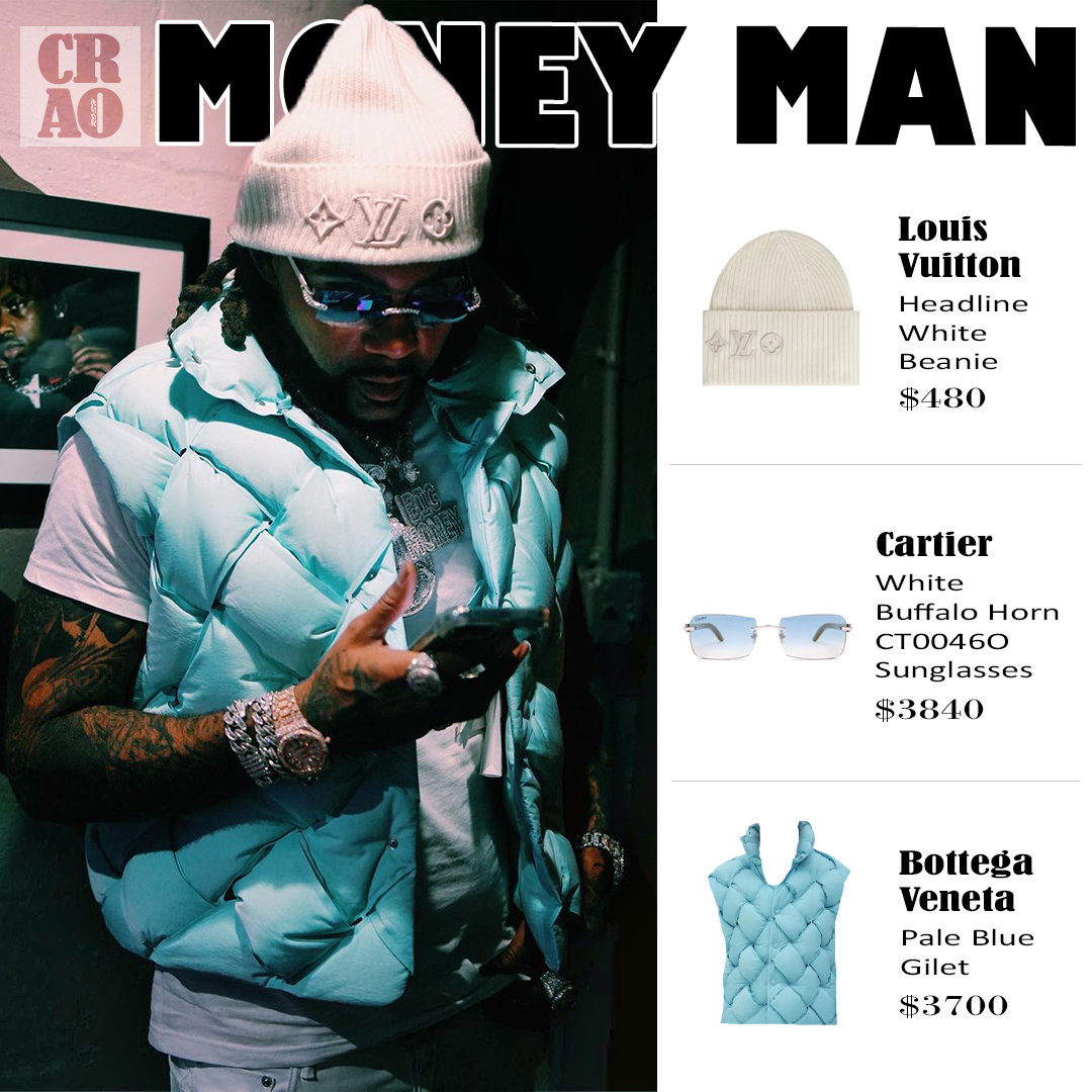 CARO on X: Money Man wearing : . . . @louisvuitton Headline White Beanie  ($480) . . @cartier White Buffalo Horn CT0046O Sunglasses ($3840) . .  Bottega Veneta Pale Blue Gilet ($3700) . . #