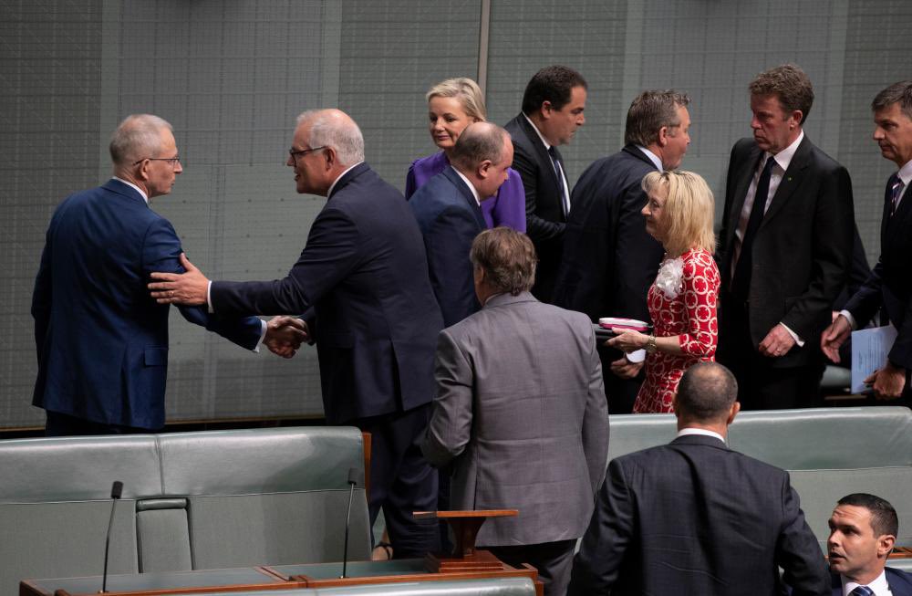 This is the LNP...shaking hands with the man who undermined democracy...I hope people remember exactly what they stand for.
#censure 
#CensureMorrison 
#censuremotion 
#LNPNeverAgain