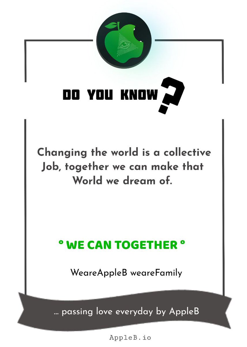 Changing the world is a collective
Job, we can do it together

Join the family that works!

#appleB  #winningtogether #love #no1charitytoken