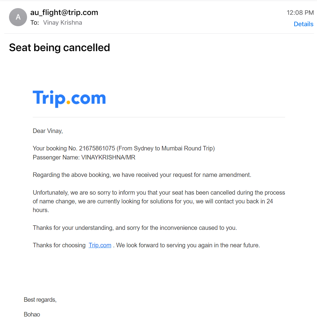 vkrishnav's tweet photo. @Trip Here you go. Trip is trying to communicate that they don't know how to book tickets. They are saying that tickets got cancelled during the process. The process they charged me $150 for. Its pathetic when your flight is next day. https://t.co/GwHmkn7cnh