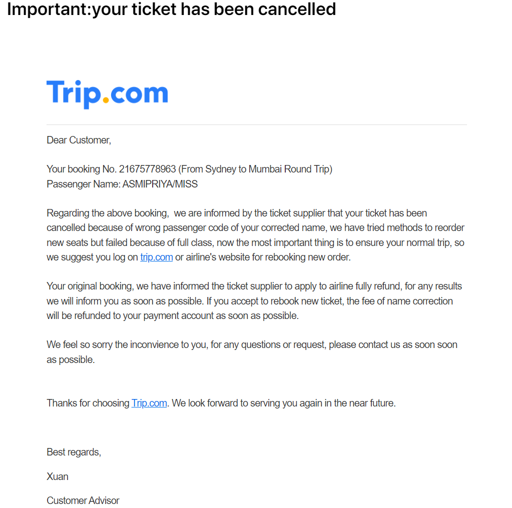 vkrishnav's tweet photo. @Trip Here you go. Trip is trying to communicate that they don't know how to book tickets. They are saying that tickets got cancelled during the process. The process they charged me $150 for. Its pathetic when your flight is next day. https://t.co/GwHmkn7cnh