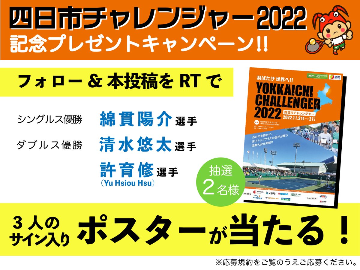 tokomaru2021's tweet photo. ／
#四日市チャレンジャー 2022 記念プレゼントキャンペーン🎾
＼
皆さんのご声援に感謝をこめて、大会優勝選手のサイン入りアイテムをプレゼント‼️
①@tokomaru2021をフォロー
②ほしい賞品の投稿をＲＴ
応募締切：2022年12月11日㈰
本投稿をＲＴで当たるのはB1サイズポスターです。詳細は👇 https://t.co/8HBJORyoiK