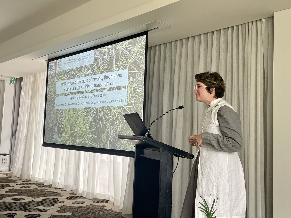 Rachyl Stover from @meeg_ecology and @WildlifeLab talks about her masters study using eDNA to understand diets of threatened translocated hare wallabies. #ESASCBO2022