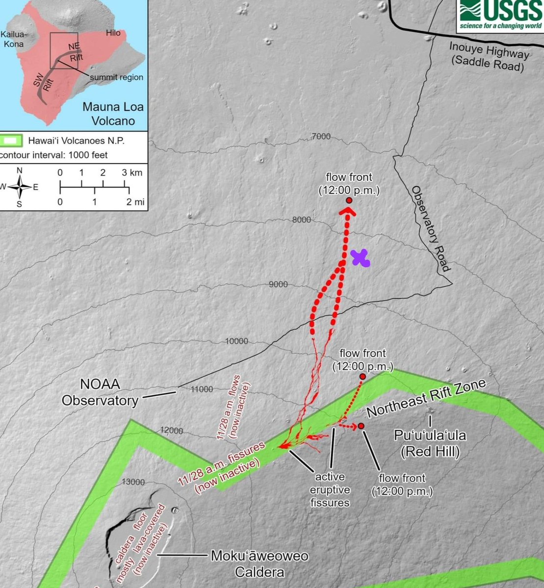 <a href="/astro_Michaela/">Dr. Michaela Musilova</a> <a href="/HI_SEAS/">HI-SEAS</a> <a href="/USGSVolcanoes/">USGS Volcanoes🌋</a> Too close for comfort! The new HVO map shows the flow front passed by just to the west of the facility, marked in purple on this map. Still another active front above it. 😟 #MaunaLoa #HISEAS