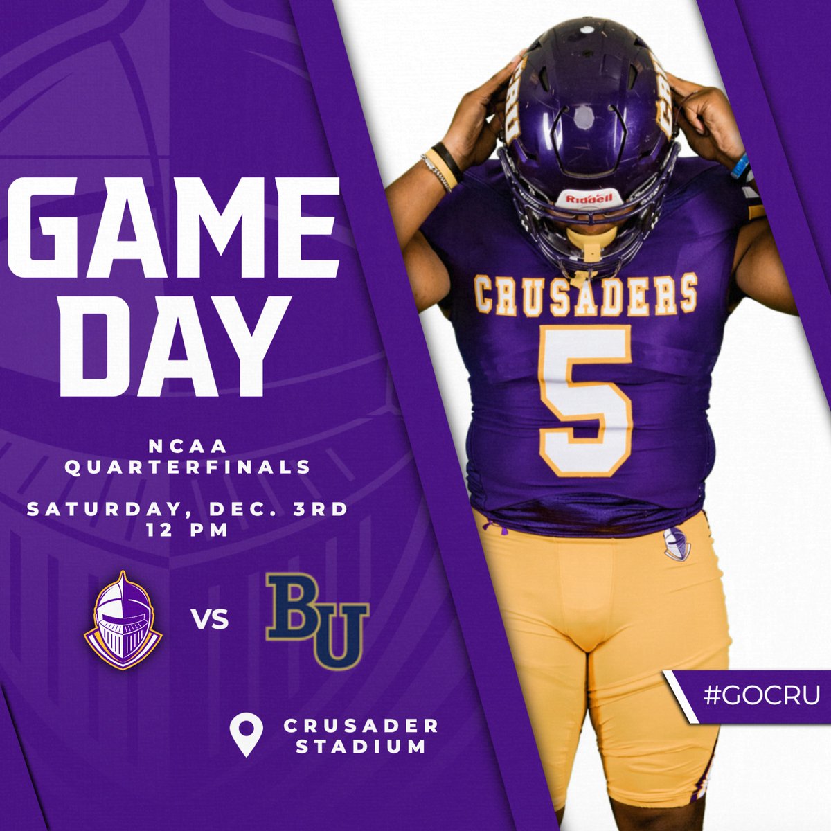 ⚡️NCAA QUARTERFINALS⚡️

🏈 | Bethel University
⏰ | 12 PM
📍 | Crusader Stadium
📽 | cruathletics.com/live
📶 | cruathletics.com/live

#gocru