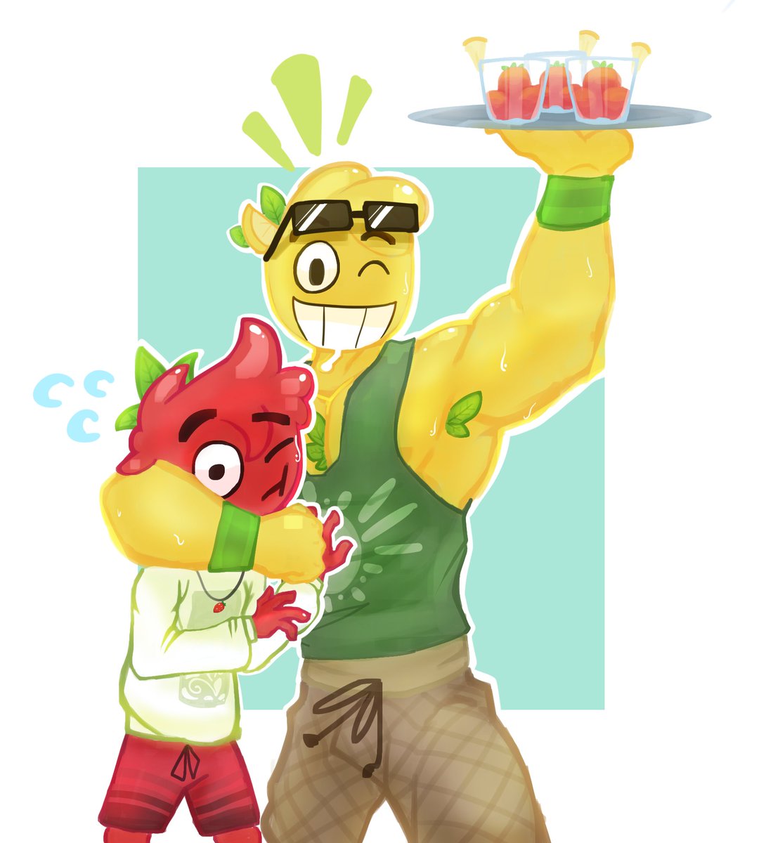 Benjorezz's tweet photo. Oren is announcing their new flavour, Strawberry Lemon sorbet! Thanks to the help of his lil partner, Hapil🍋🍓😋

fanart for @specxile https://t.co/z1PQudxfMG