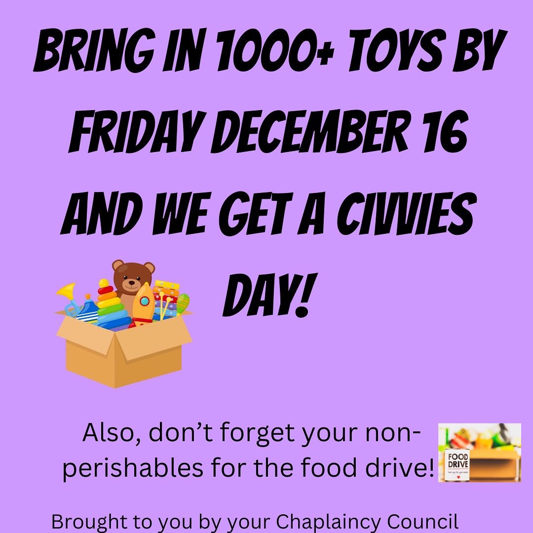 fbchaplaincy's tweet photo. Bring in over 1,000 TOYS by Fri. Dec. 16, and there will be a CIVVIES DAY before Christmas!  
Please try to bring in a toy to help support our young children within the community.
P.S. Don't forget to also donate to the FOOD Drive. https://t.co/ZywWuYlqv5