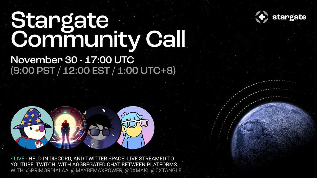 StargateFinance's tweet photo. ⏰ Reminder of the Stargate Finance Community Call today at 17:00 UTC (9:00 PST / 12:00 EST / 1:00 UTC+8). Held in Discord and Twitter Spaces.

📕 Topics on this call:

📊 Recent Stats
🙌 STG Staking Claims Live 
🪡 Integrations
🙋 Discord Help Zone
⚡️ Recent SIP Proposals https://t.co/4FAHYiyk70