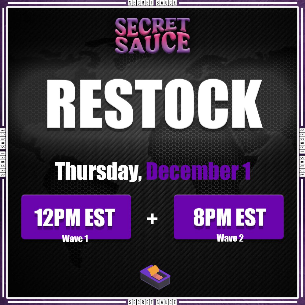Secretsauce's tweet photo. READY FOR OUR BIGGEST RESTOCK YET?

Thursday, December 1st

Discord account required.

Notifications 🔔 

Like, share, repost/retweet for a chance at early access. https://t.co/LmPETzMmPX