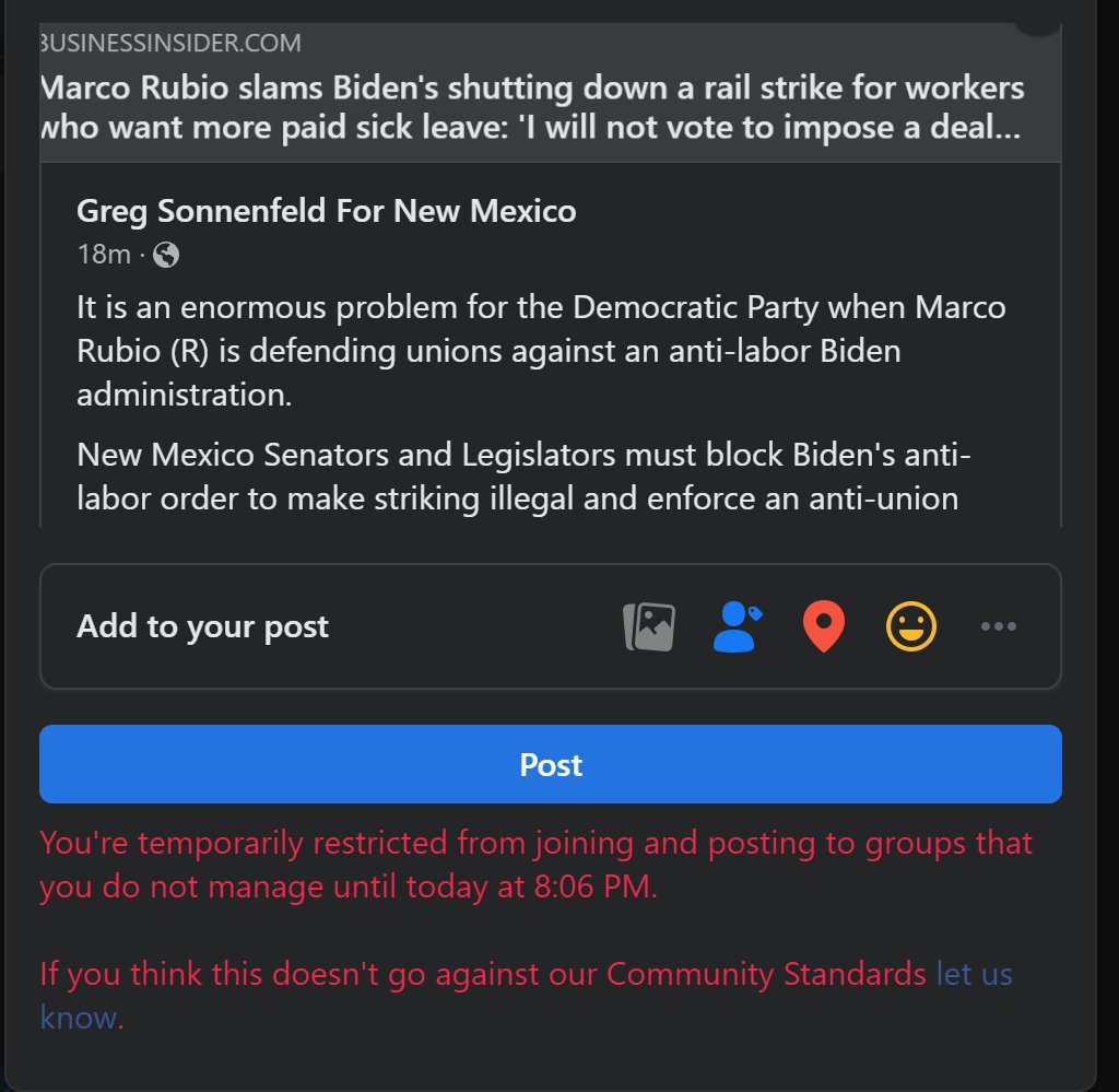 gsonnenf's tweet photo. Facebook just suspended me for sharing information about Biden's strike breaking. 

I've shared to 100's of groups over the past decade. This is a first for this type of suspension.

@ElonMusk @NRLB #facebook #censorship #strikebreaking #union #zucked https://t.co/Y5fJUaH34T